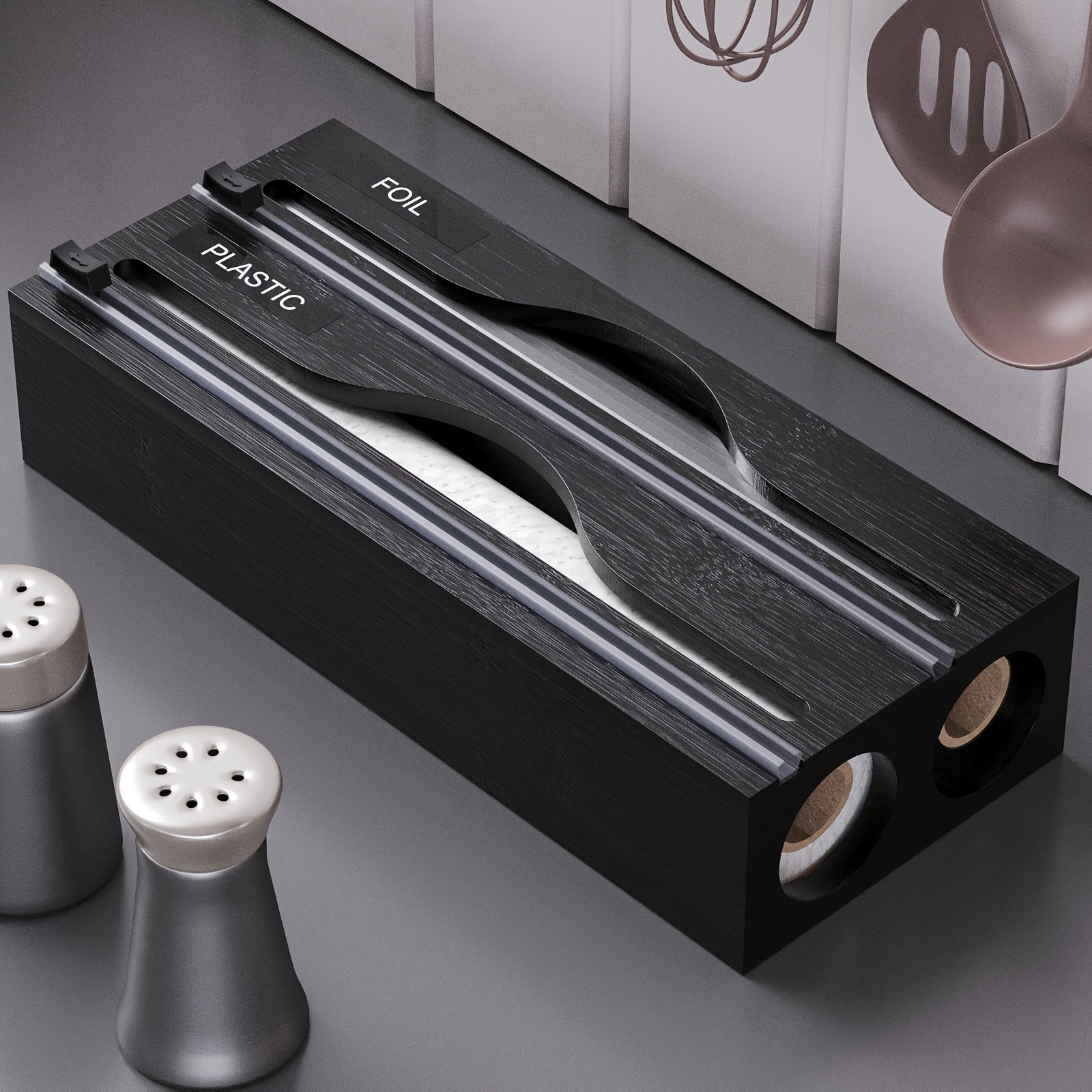 WrapMaster | 2-in-1 Houten Keukenwikkelautomaat met Snijder, Dubbele Gleuf Opbergorganisator voor Keukenlade & Aanrecht