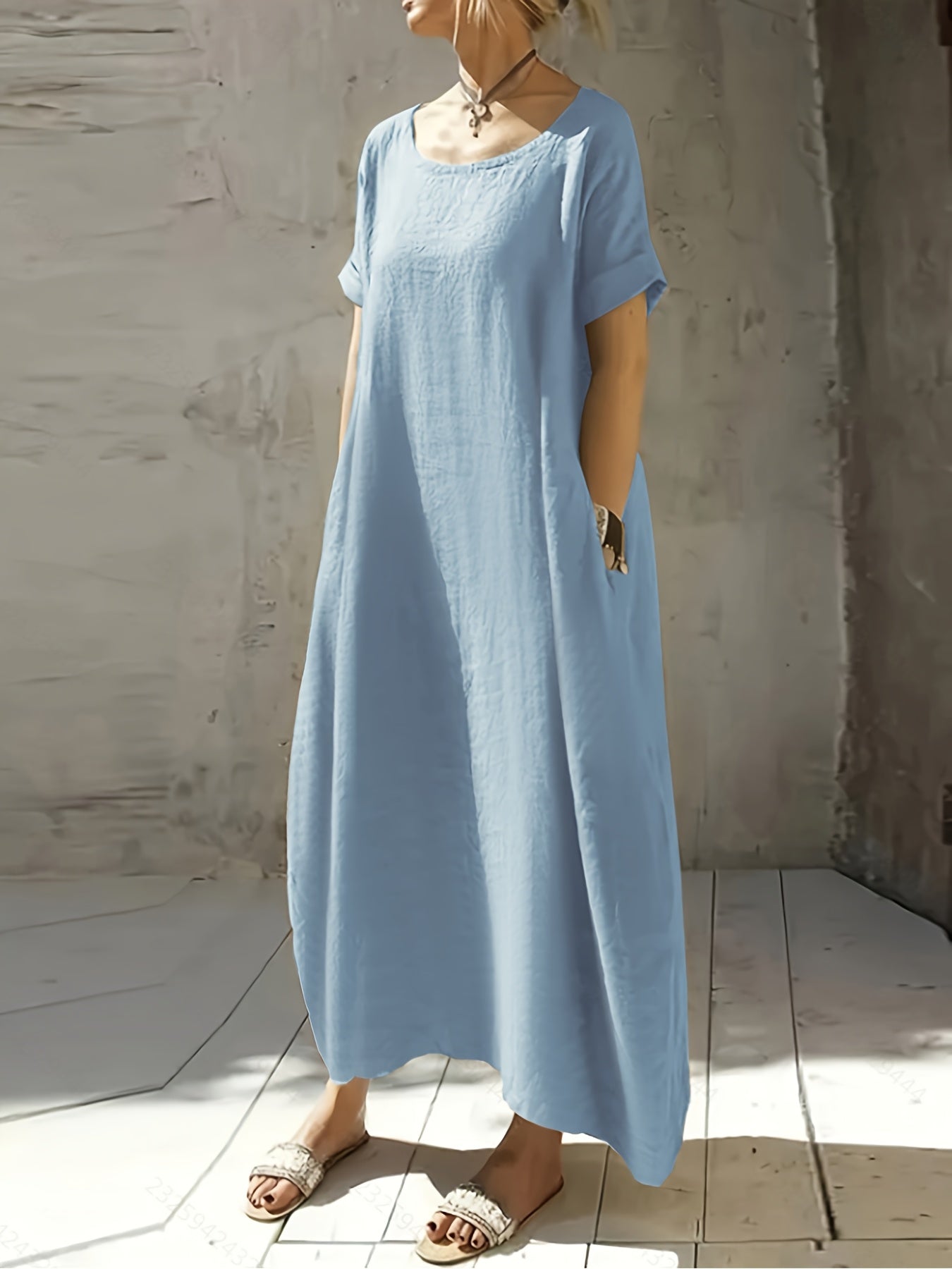Elvarra | Losse Maxi Jurk met Zakjes – Korte Mouwen, Ademend, Casual Zomerjurk