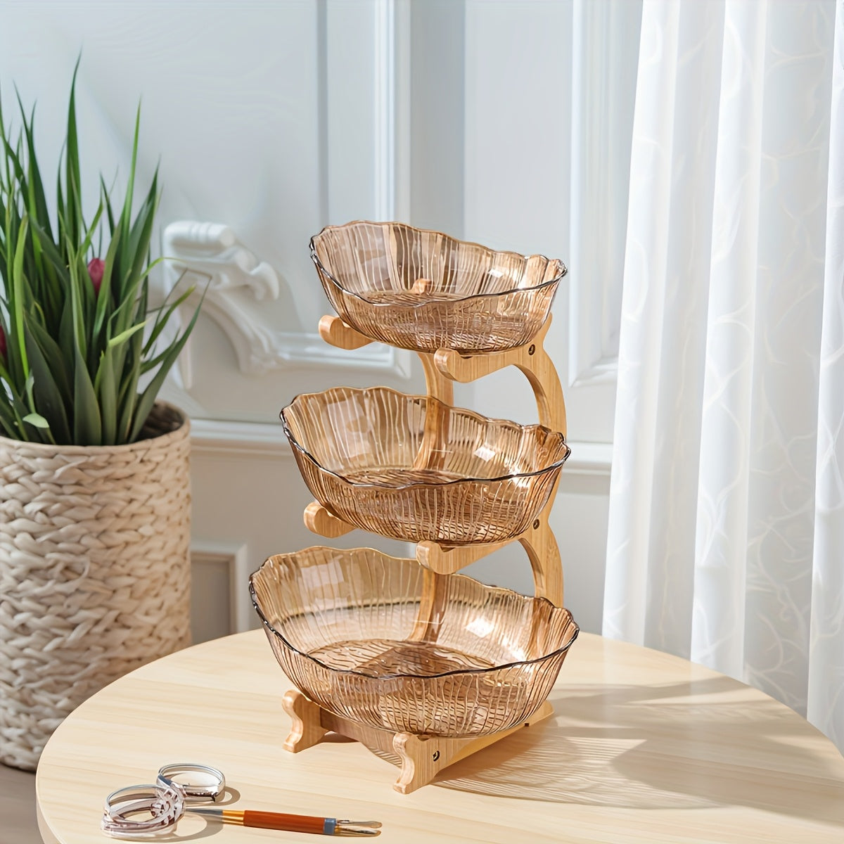 StackNest | 3-Lagen Plastic Fruit- & Snackbord – Multifunctionele Opbergtray, Gelaagde Dessertstandaard