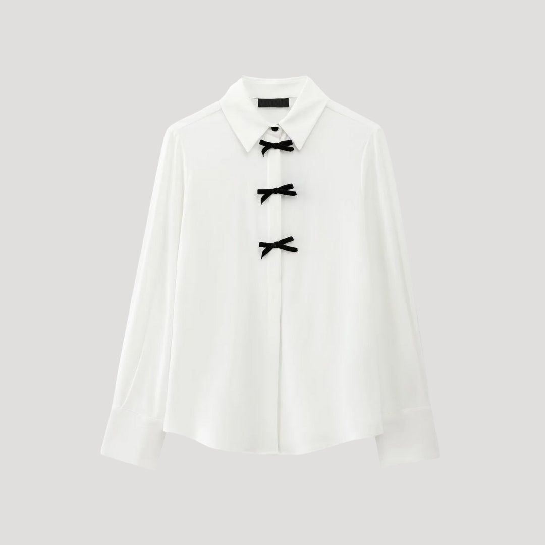 Elowen | Dames chiffonblouse met lange mouwen, stippen en strik – elegante, casual top voor op kantoor