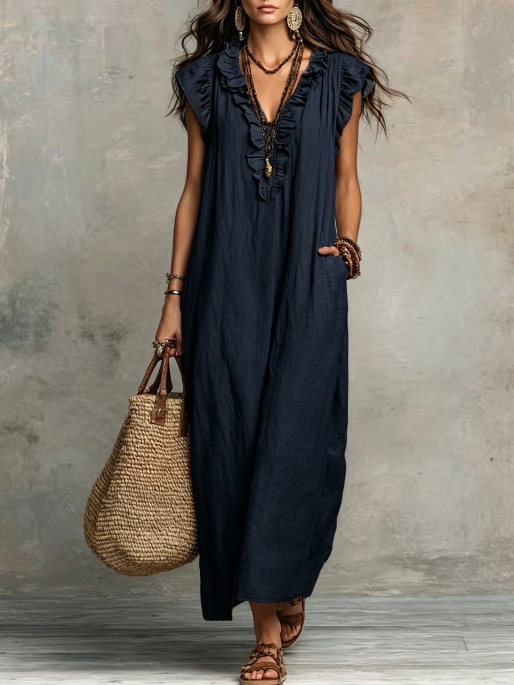 Jyra | Casual-elegante jurk voor dames – Lange, zwierige zomerjurk in boho-stijl met V-hals