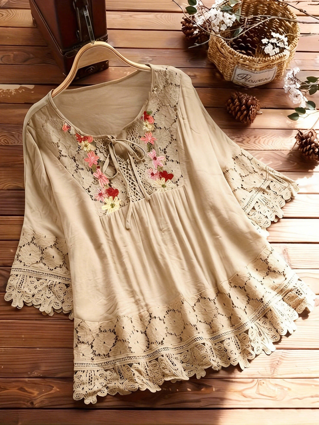 Vayla | Casual kanten damesblouse – Lente-zomerblouse met lange mouwen en patchwork