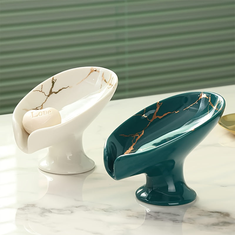 SoapLuxe | Keramisch Zelfafvoerend Zeeprek – Bladvormig Marmeren Zeepbakje