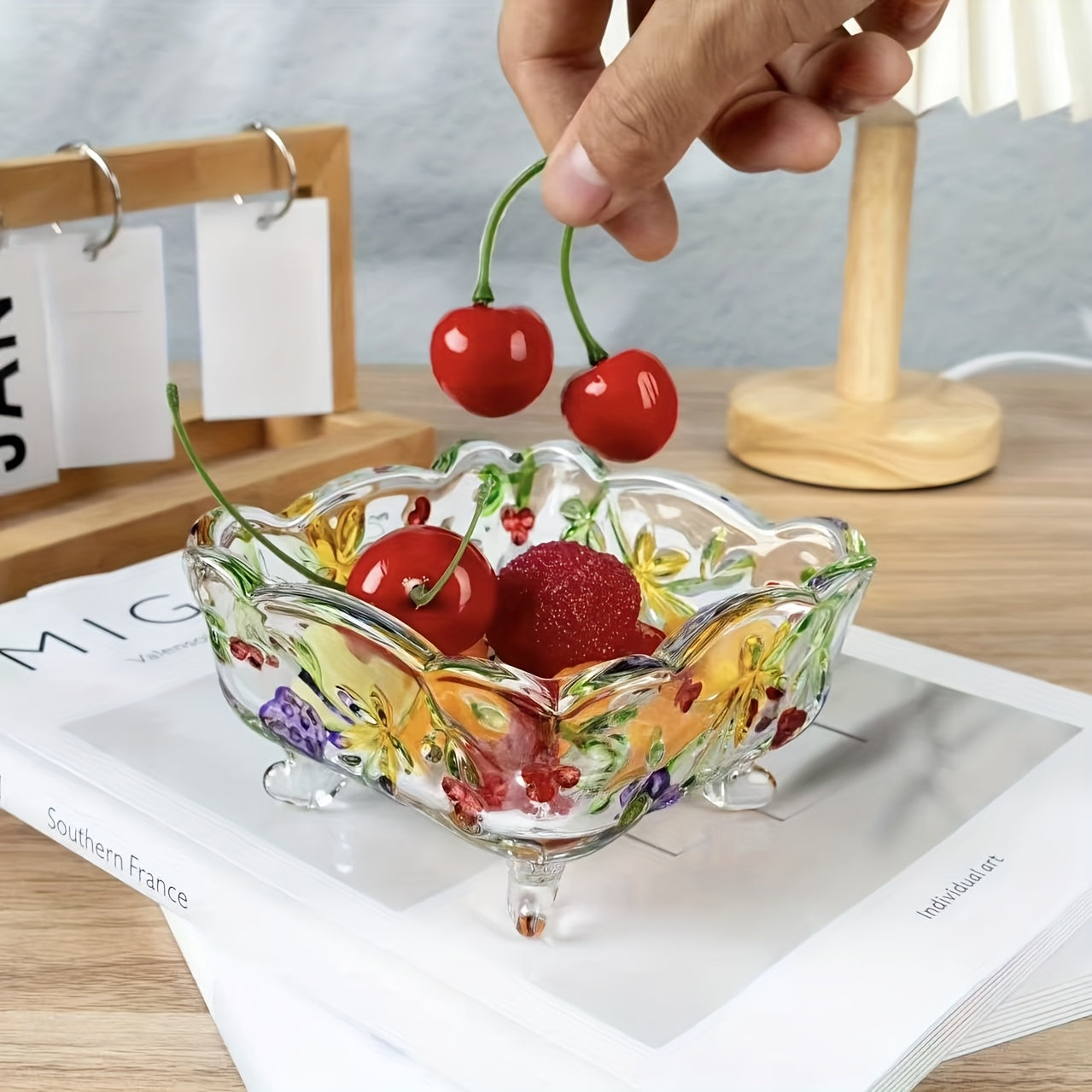 FloraBowl | Handgemaakte Vintage Glazen Snoepkom – Bloemmotief, Decoratief Voorjaarsbakje