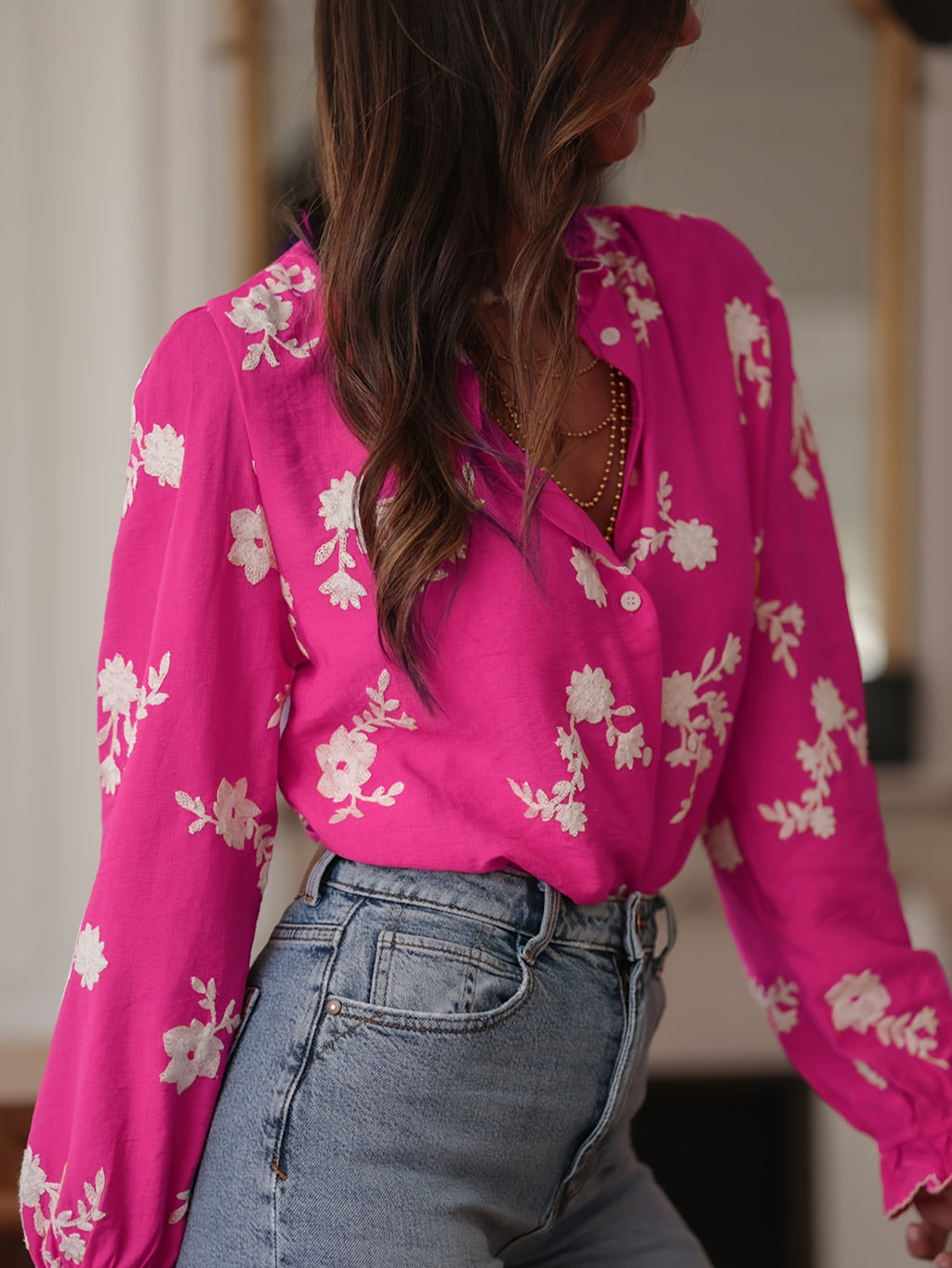 Omelia | Dames casual blouse met lange mouwen, bloemenborduursel, knopen aan de voorkant