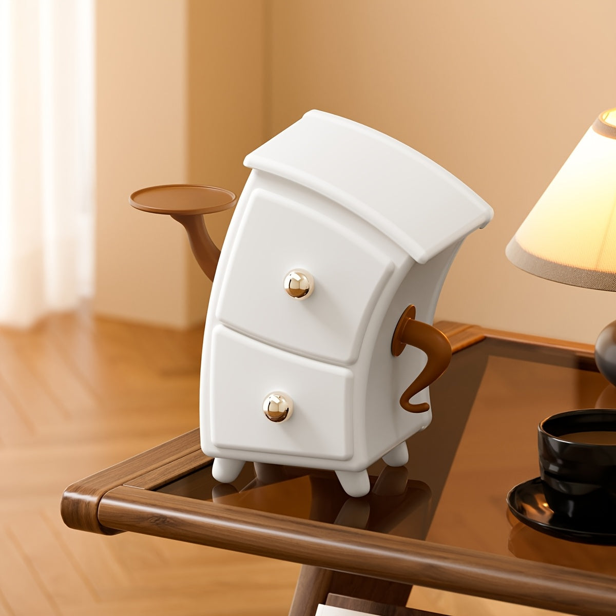 LidHaven | Witte en bruine opbergdoos met scharnierend deksel en ronde deur – Bureau-organizer