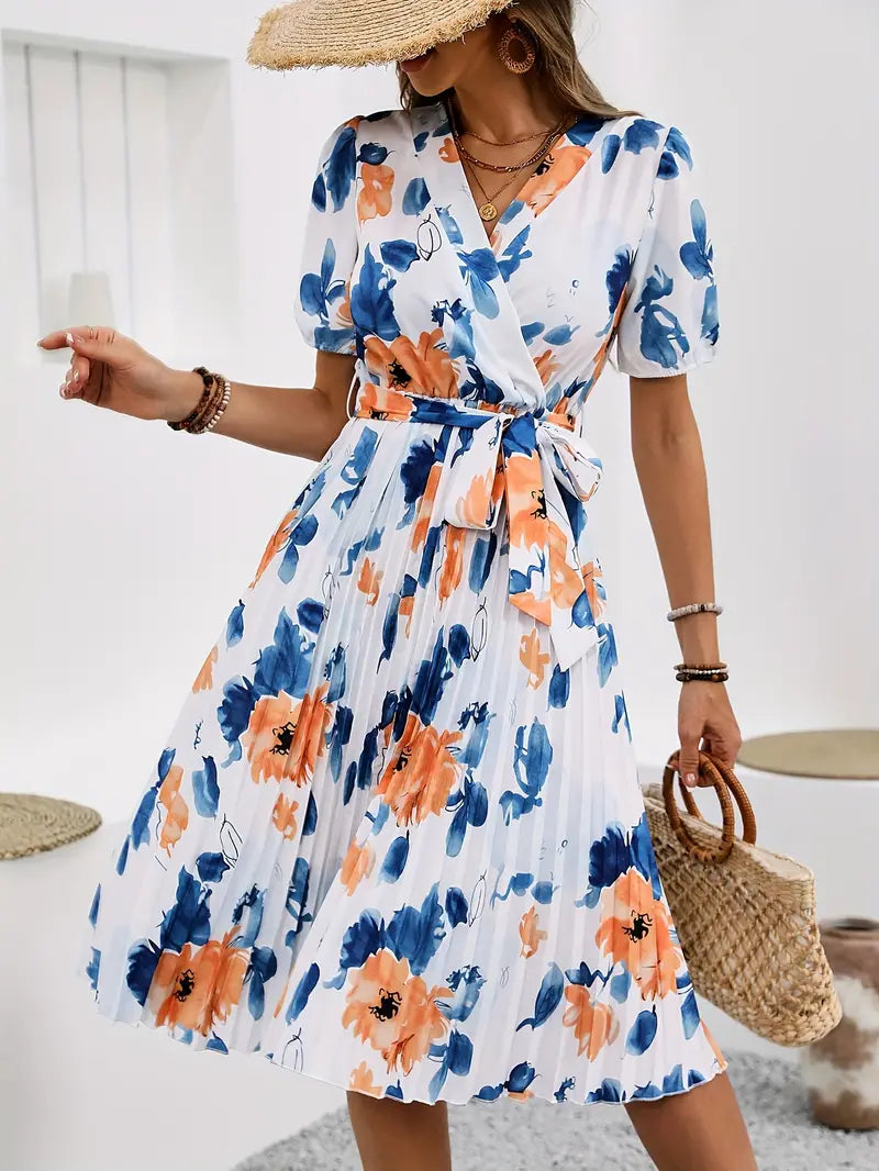 Qirah | Elegante midi-jurk met bloemenprint en ceintuur voor dames – luchtige zomerjurk met plooien