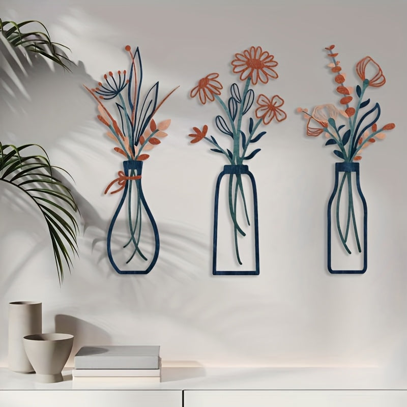 Bloomistry | 3-delige opvallende bloemenwanddecoratie, metalen hangende sculpturen voor de woonkamer