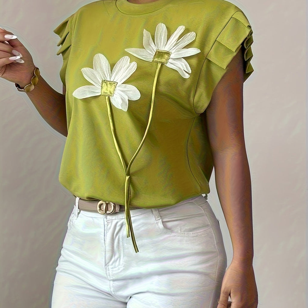 Selindra | 3D Bloemen T-shirt – Kleurblok Casual Top, Mouwloos, Comfortabel Everyday Tee