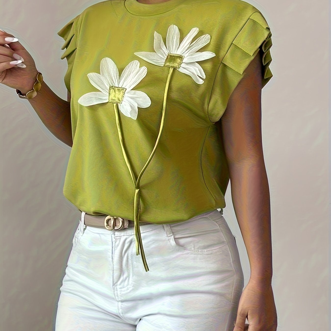 Selindra | 3D Bloemen T-shirt – Kleurblok Casual Top, Mouwloos, Comfortabel Everyday Tee