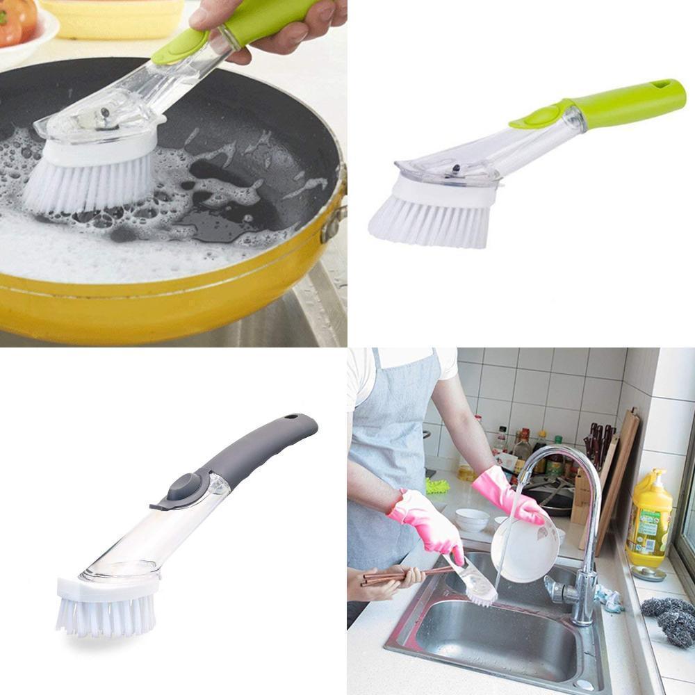 QuickClean | Ergonomische afwasborstel met ingebouwde zeepdispenser – vervangbare sponskop, antisliphandvat