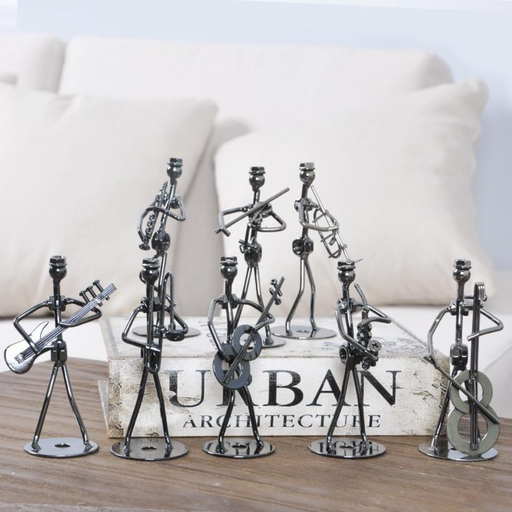 MetalMuse | Rockband Metal-beeldjes – Handgemaakte muzieksculpturen, gitaar- en drummer-tafeldecoratie