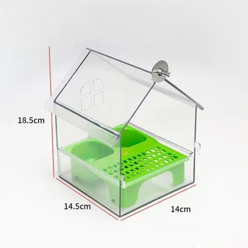 PerchHouse | Vogelvoederstation met dak, transparante 3-in-1 voederbak, bad en waterbak voor kooi of balkon