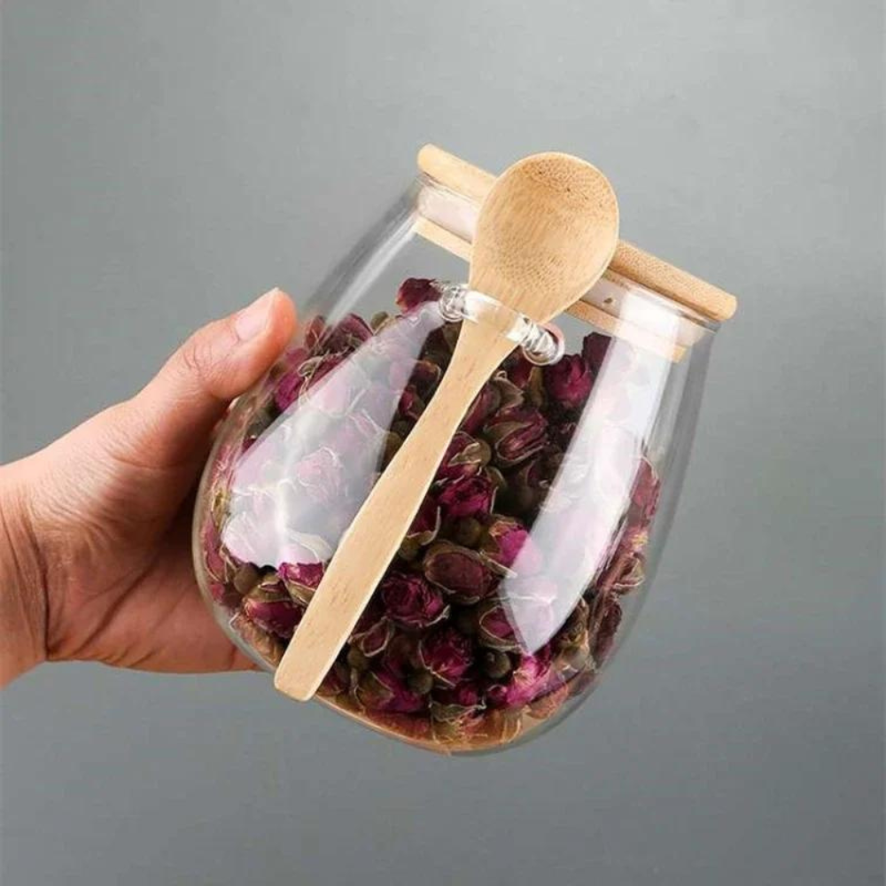 JarZen | Glazen Pot met Houten Bamboe Deksel en Lepel – Keukenopslagcontainer, Luchtdichte