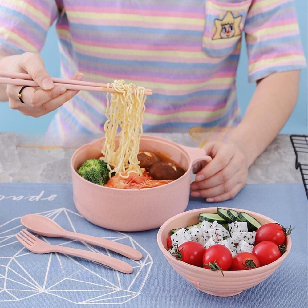 BrothBowl | Ramen-soepkomset – Kom voor tarwestro-noedels met deksel, eetstokjes, lepel en vork