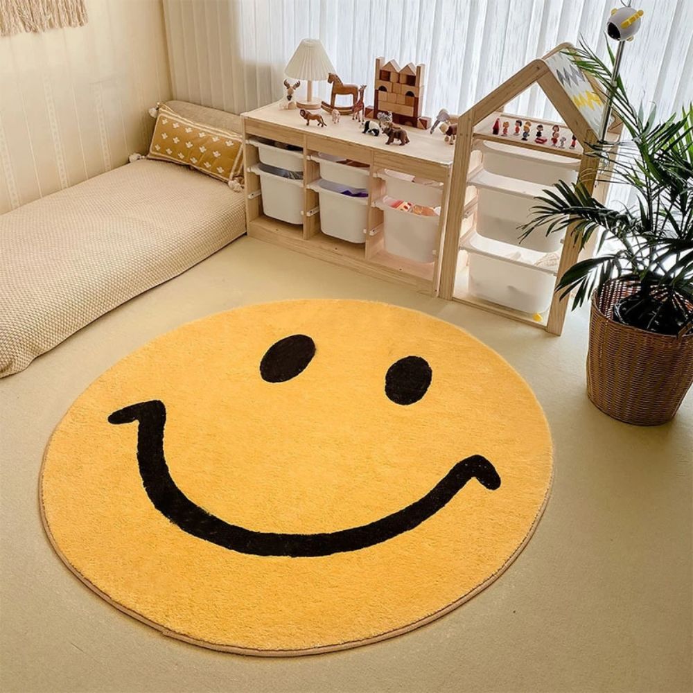 SmileRug | Smiley Vloerkleed – Geel Faux Kasjmier, Schattig Rond Vloermatje