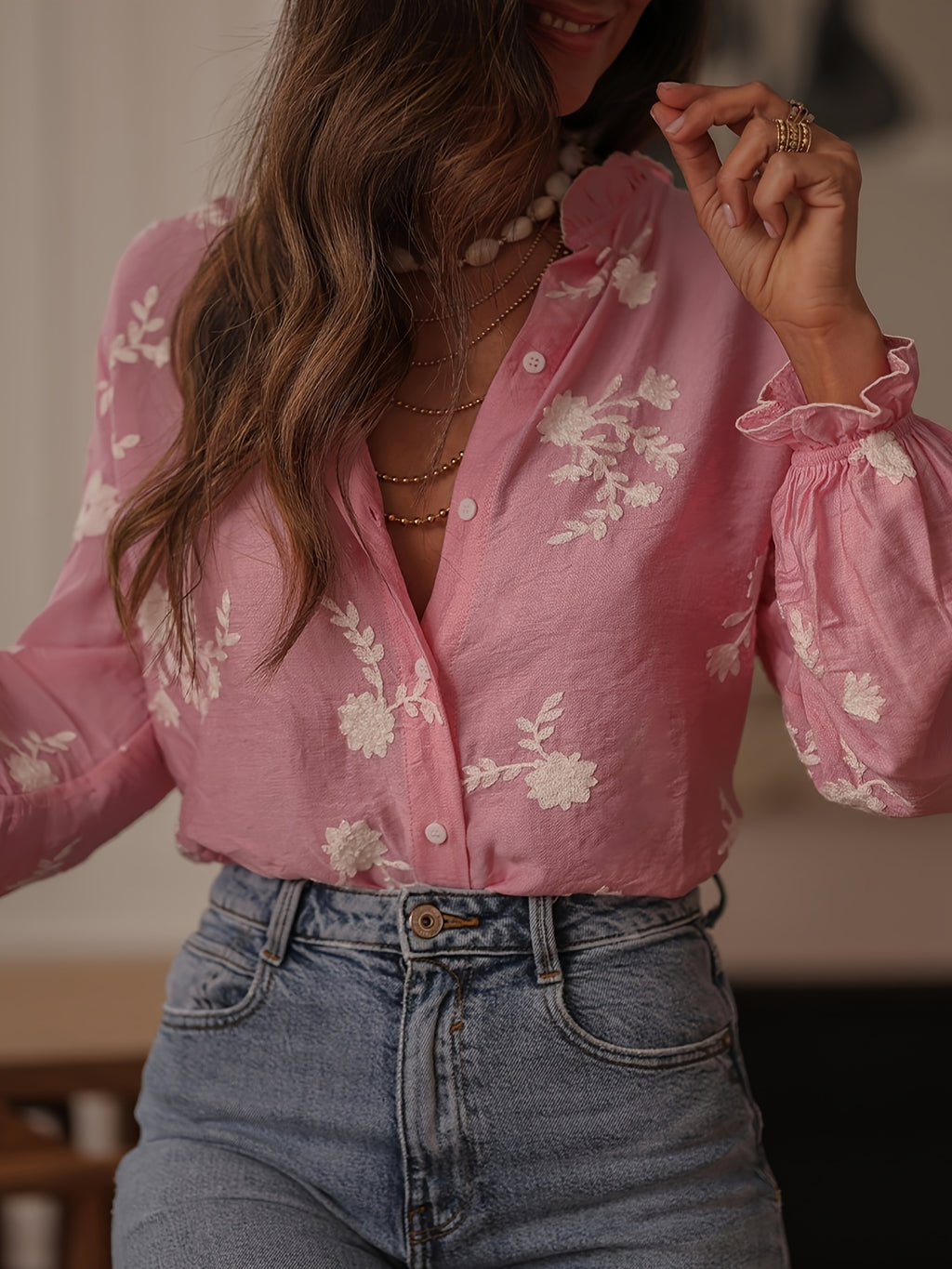 Omelia | Dames casual blouse met lange mouwen, bloemenborduursel, knopen aan de voorkant