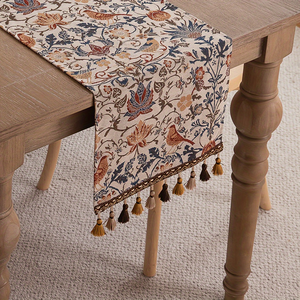 FloralVista | Vintage tafelloper met kwastjes - rustiek landelijk decoratief tafelkleed