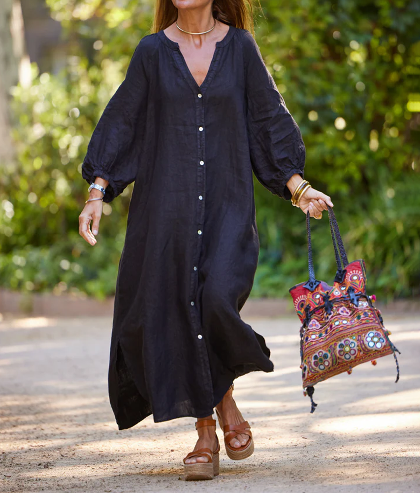 Selmira | Dames linnen losse midi jurk – Casual zomerse ademende tuniekjurk