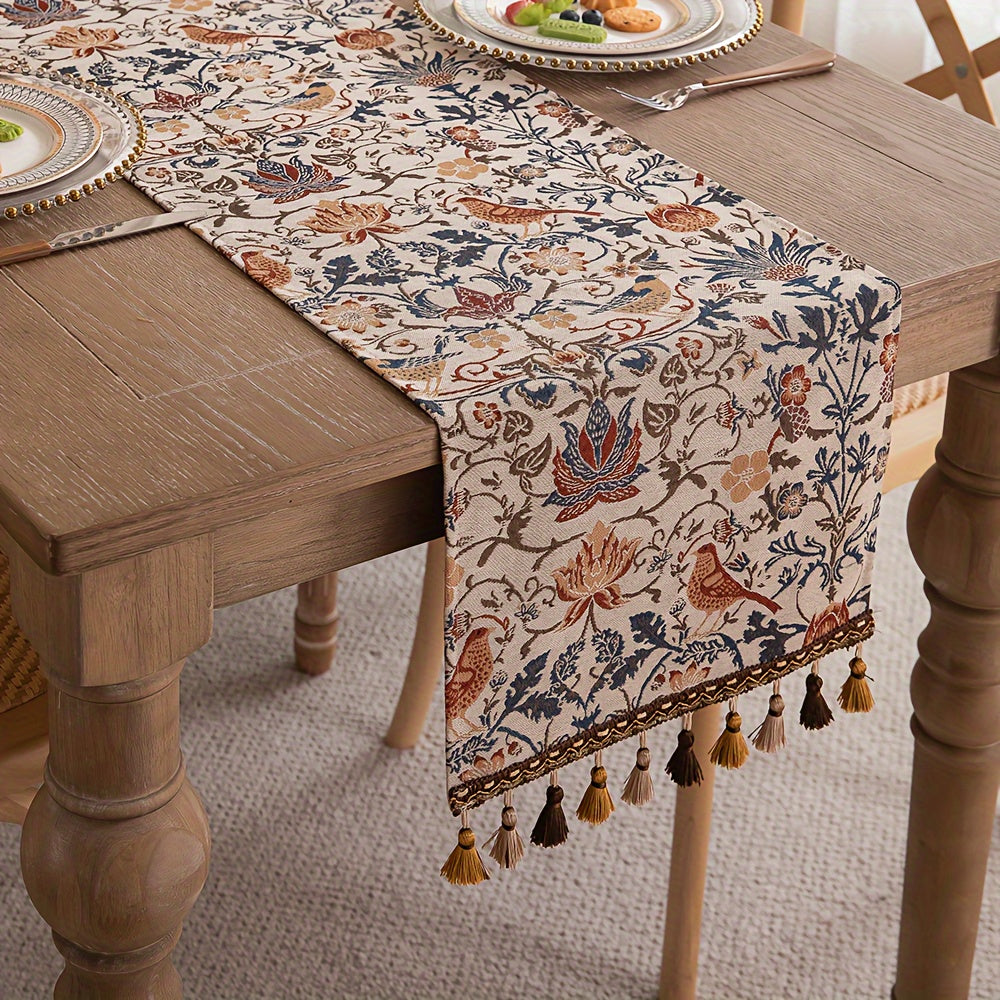 FloralVista | Vintage tafelloper met kwastjes - rustiek landelijk decoratief tafelkleed