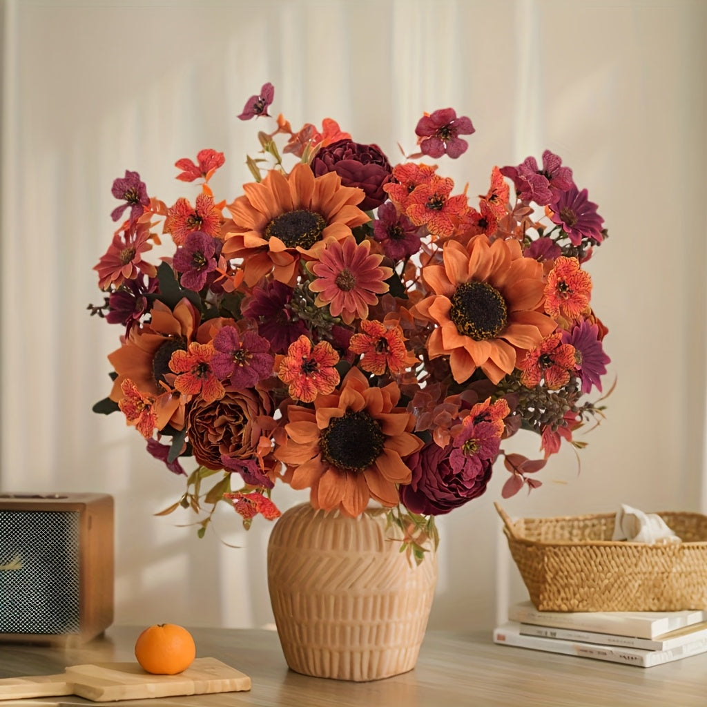 AutumnBloom | 4 stuks kunstbloemenarrangement voor de herfst – boeket met zonnebloemen, pioenrozen en madeliefjes