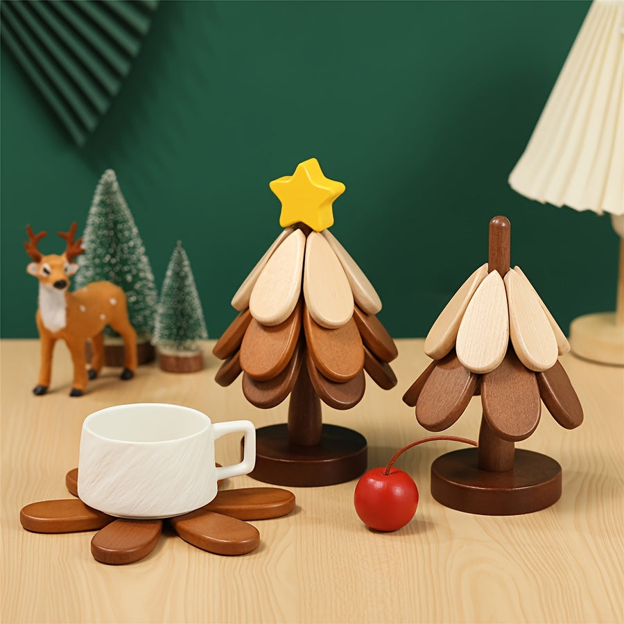 FestivCoast | Houten kerstboom onderzetters met standaard – 3 stuks, creatief boomvormig, hittebestendig