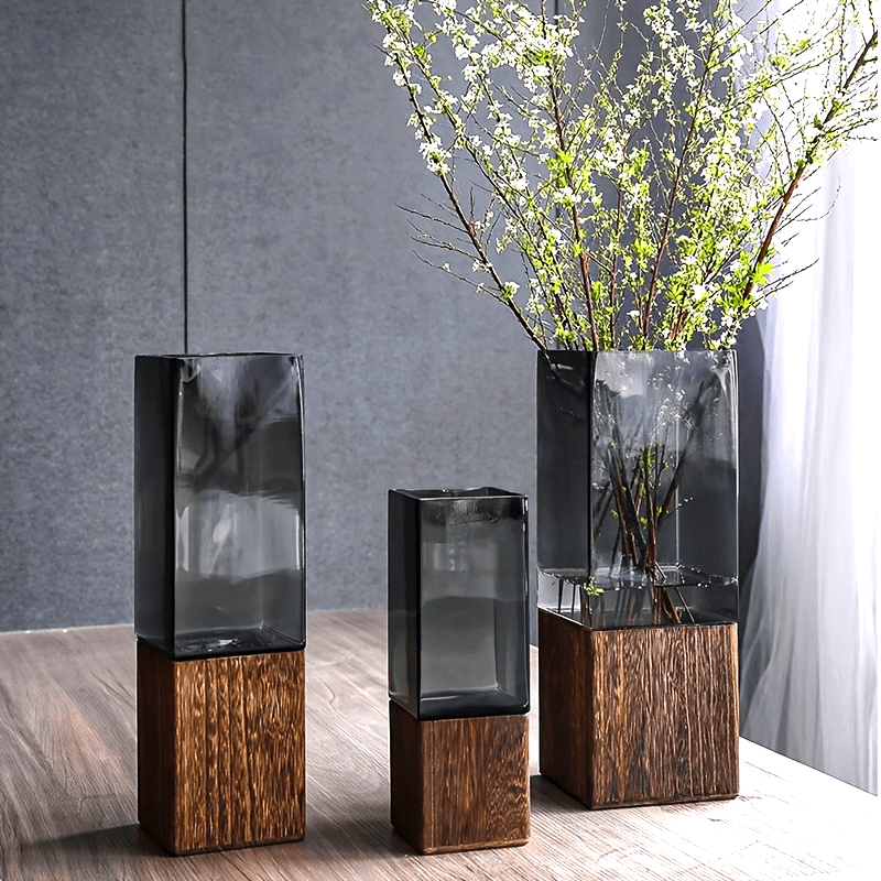ElementVase | Moderne Acryl Decoratieve Vaas met Houten Voet - Rustiek Elegante Woondecoratie