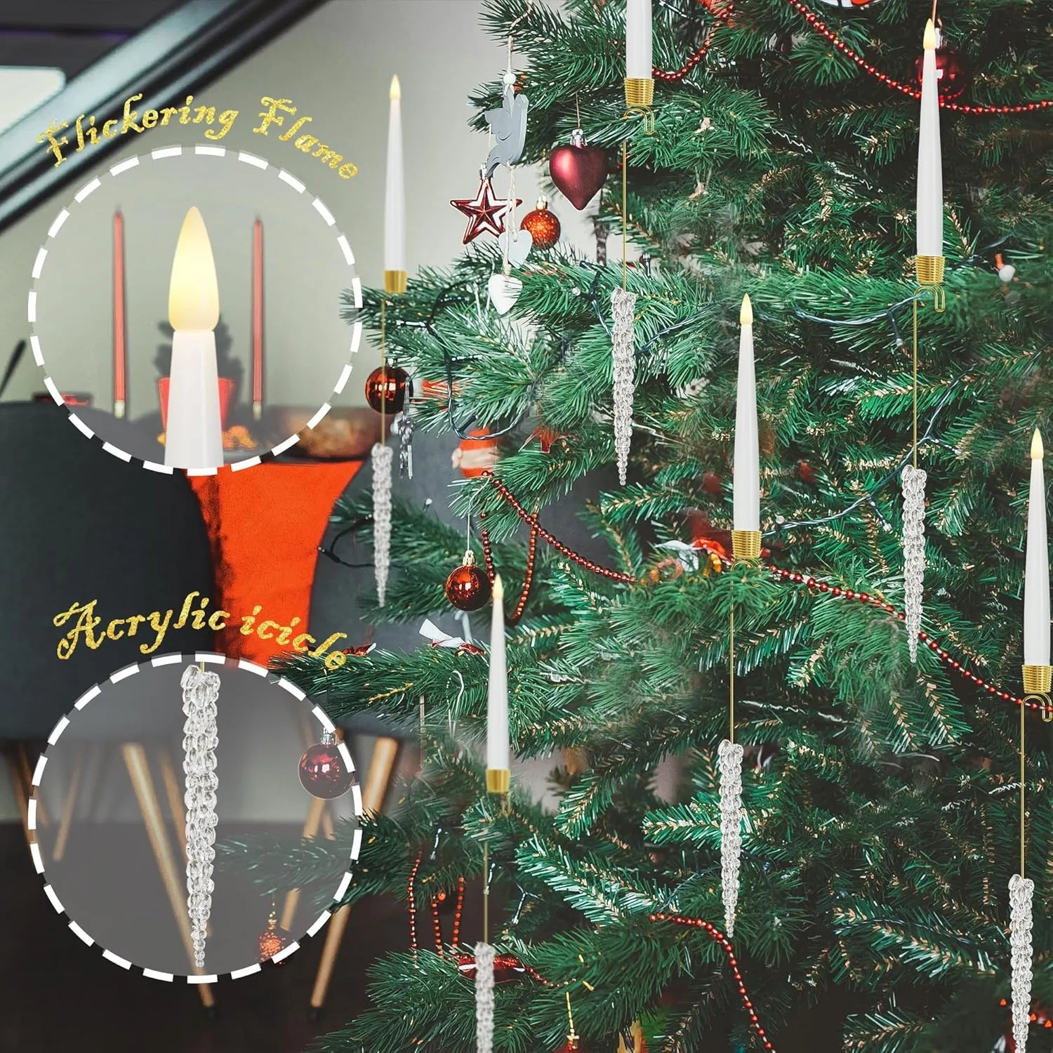 FrostGlow | Afstandsbediening vlamloze LED-kerstboomkaarsen – Acryl ijspegelhaakset