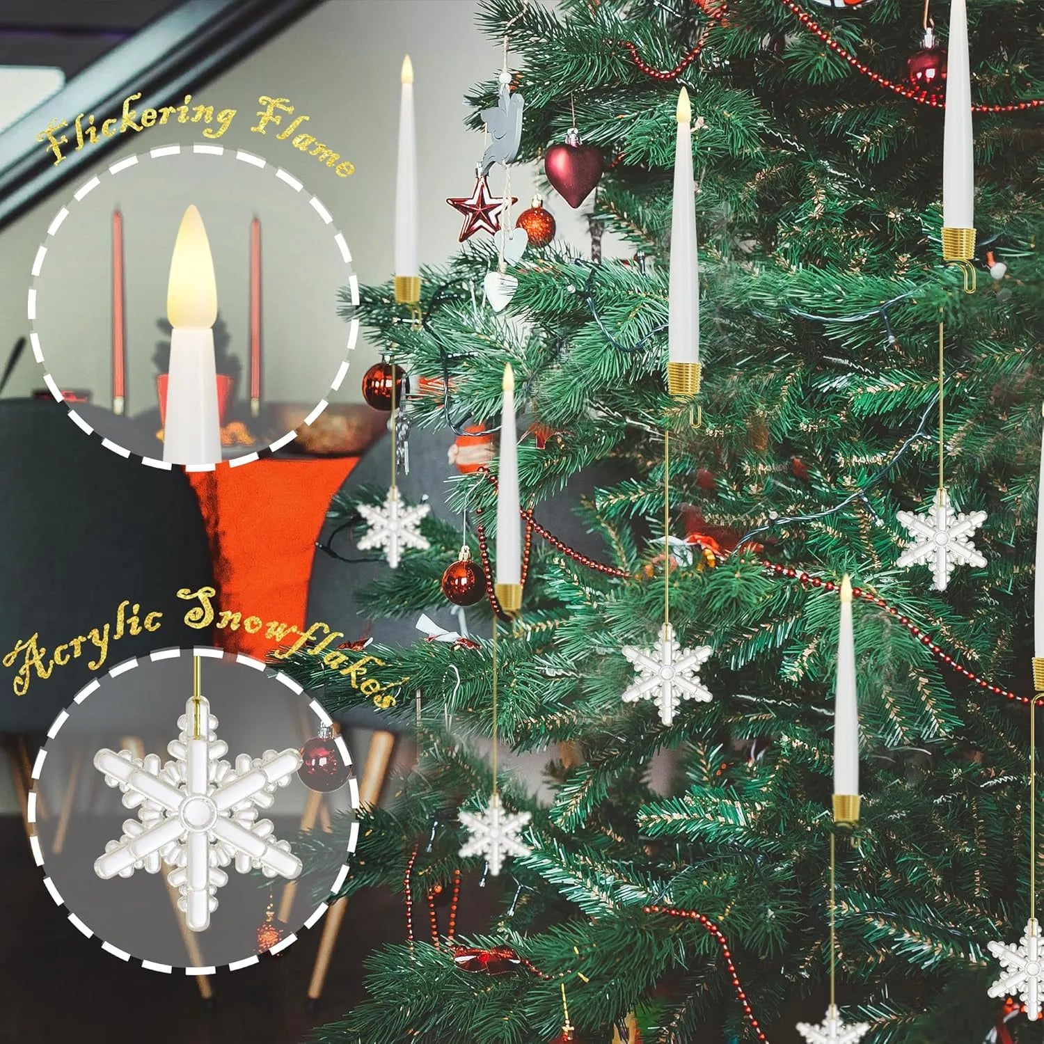 FrostGlow | Afstandsbediening vlamloze LED-kerstboomkaarsen – Acryl ijspegelhaakset