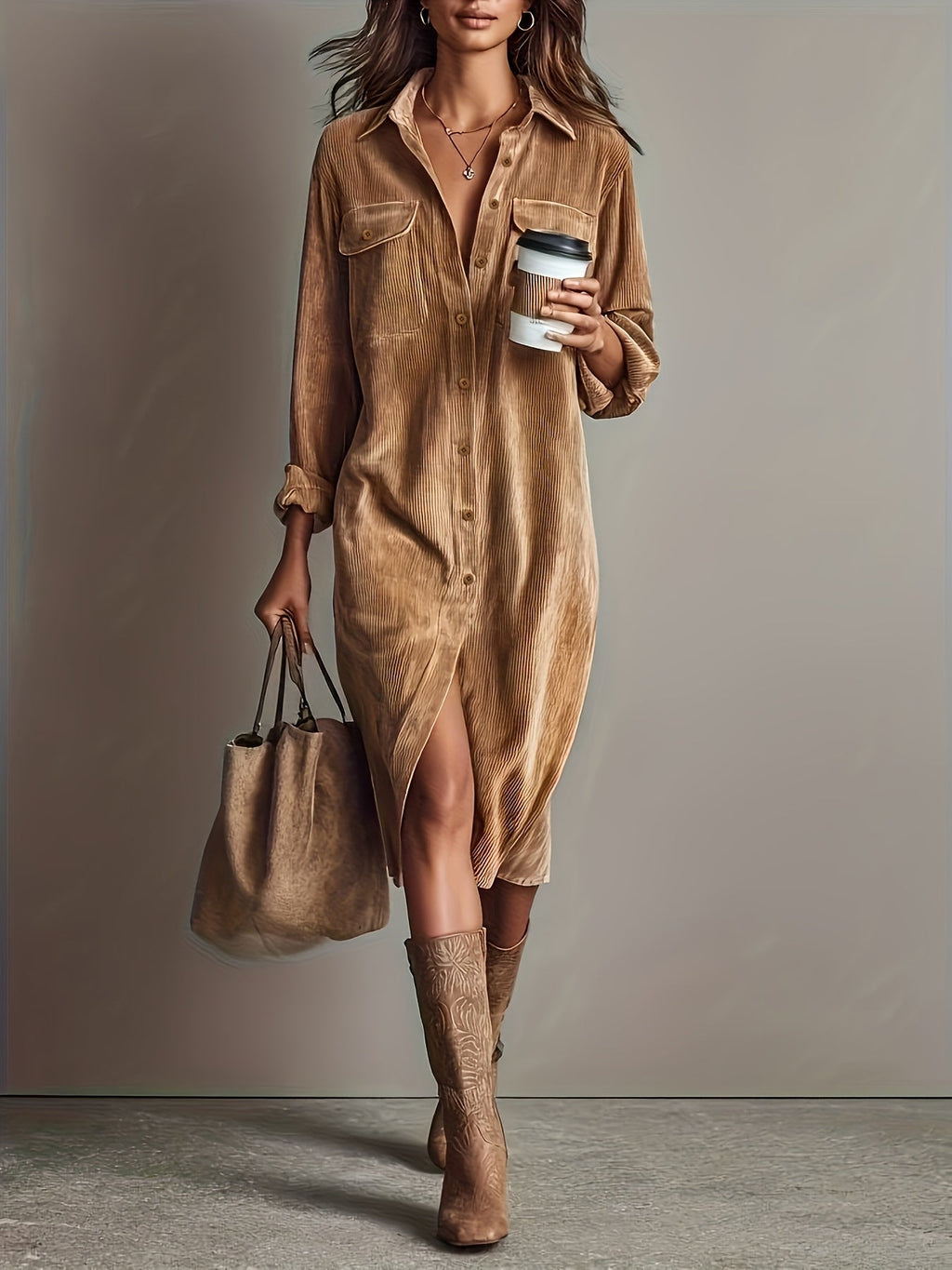 Gina | Corduroy overhemdjurk met knopen voor dames - Casual werkjurk met zakken
