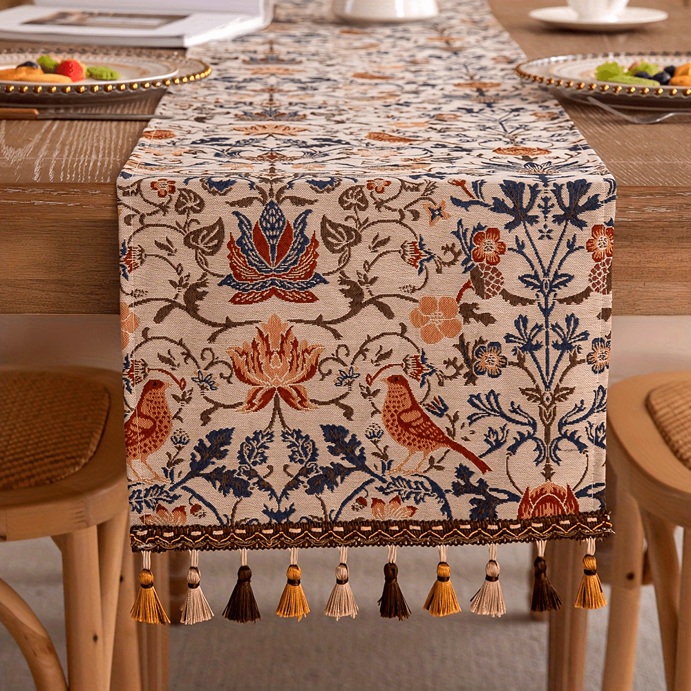 FloralVista | Vintage tafelloper met kwastjes - rustiek landelijk decoratief tafelkleed