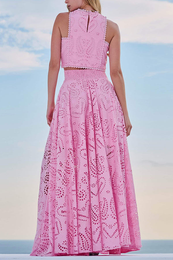 Savrina | Elegante Dames Set met Borduursels – Mouwloze Crop Top & Wijdvallende Broek
