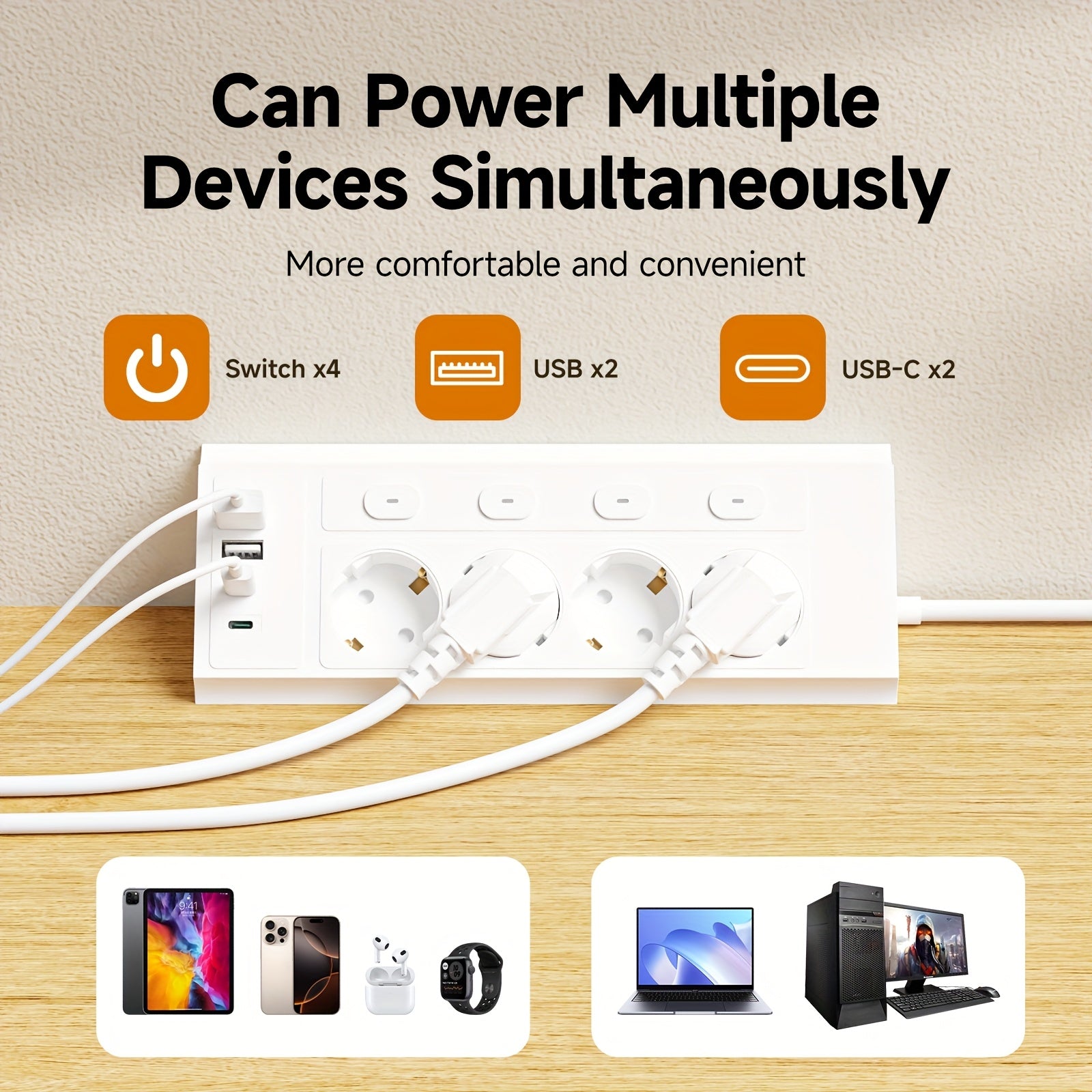 MultiPlug | 8-in-1 EU Stekkerdoos – 4 AC Stopcontacten, 2 USB-C Poorten, 1,5m Verlengsnoer