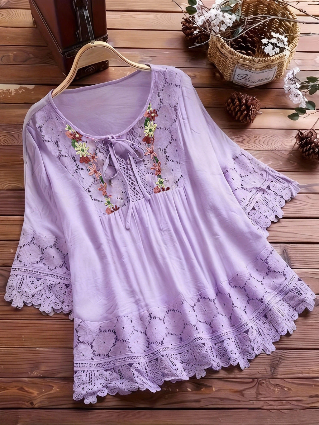 Vayla | Casual kanten damesblouse – Lente-zomerblouse met lange mouwen en patchwork