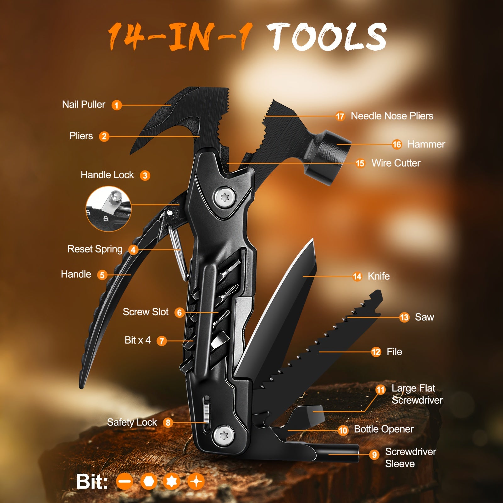 PockeTool | 14-in-1 multitoolhamer met tang, zaag en schroevendraaier – compacte survivaltool
