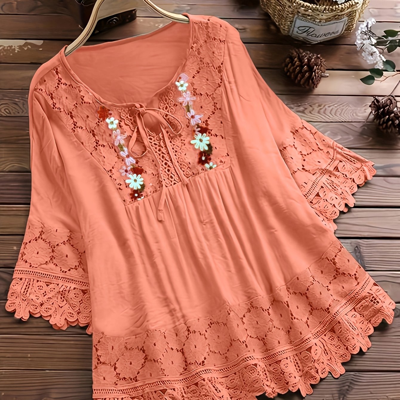 Vayla | Casual kanten damesblouse – Lente-zomerblouse met lange mouwen en patchwork