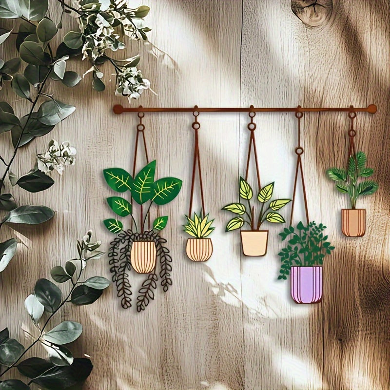 WallFlora | Grote Metalen Plantenwanddecoratie – Bruine Hangende Buizen met Groene & Paarse Potten