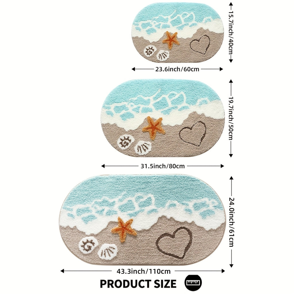 ShoreStep | Pluizige Ovale Badmat – Antislip en Waterabsorberend, Badkamermat met Strandschelpenpatroon
