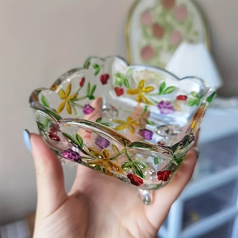 FloraBowl | Handgemaakte Vintage Glazen Snoepkom – Bloemmotief, Decoratief Voorjaarsbakje