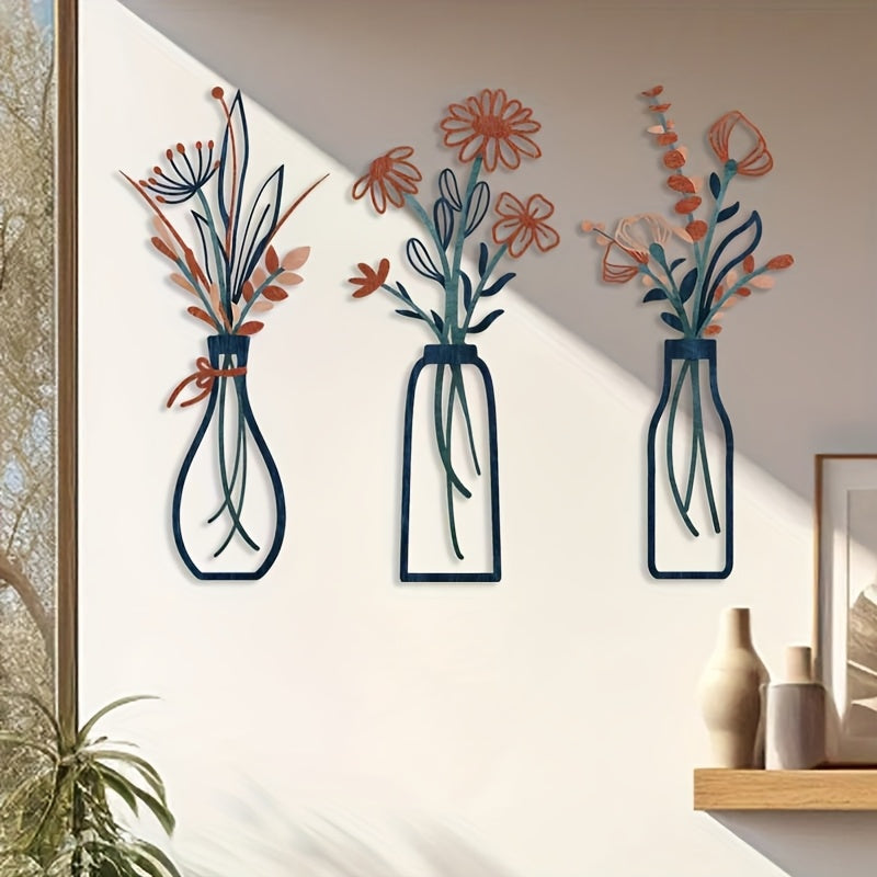 Bloomistry | 3-delige opvallende bloemenwanddecoratie, metalen hangende sculpturen voor de woonkamer