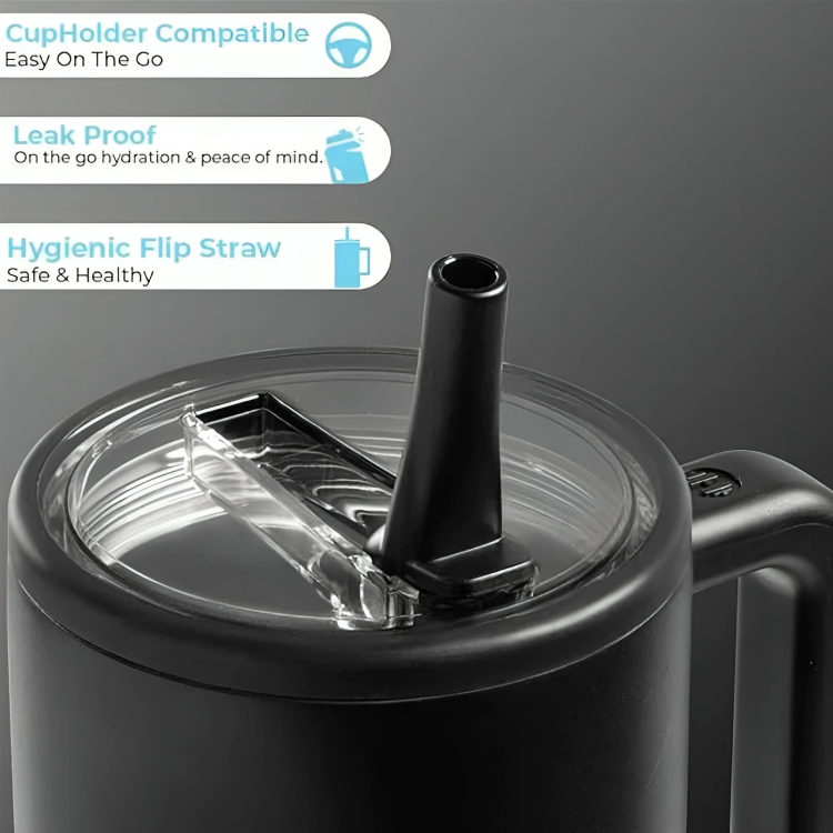 ThermoSip | Geïsoleerde reismok van 40 oz met handvat en flip-stro – Dubbelwandige thermobeker