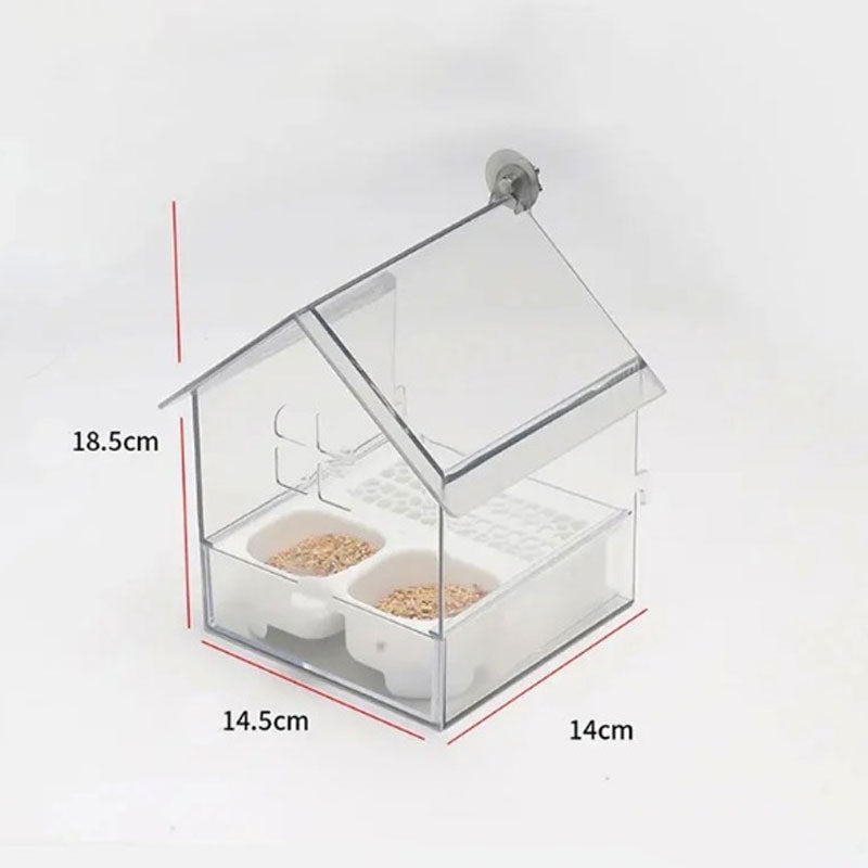 PerchHouse | Vogelvoederstation met dak, transparante 3-in-1 voederbak, bad en waterbak voor kooi of balkon