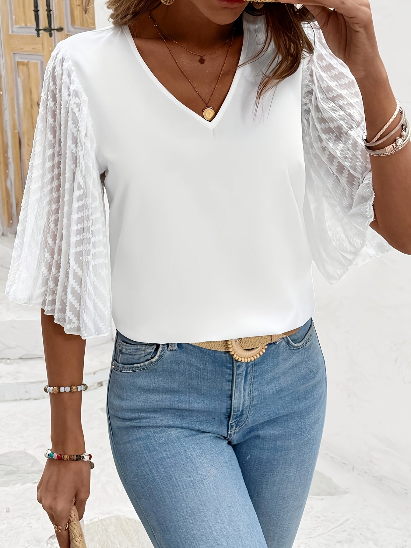 Mirelina | Damesblouse met lange mouwen – V-hals met relaxte pasvorm voor dagelijks gebruik