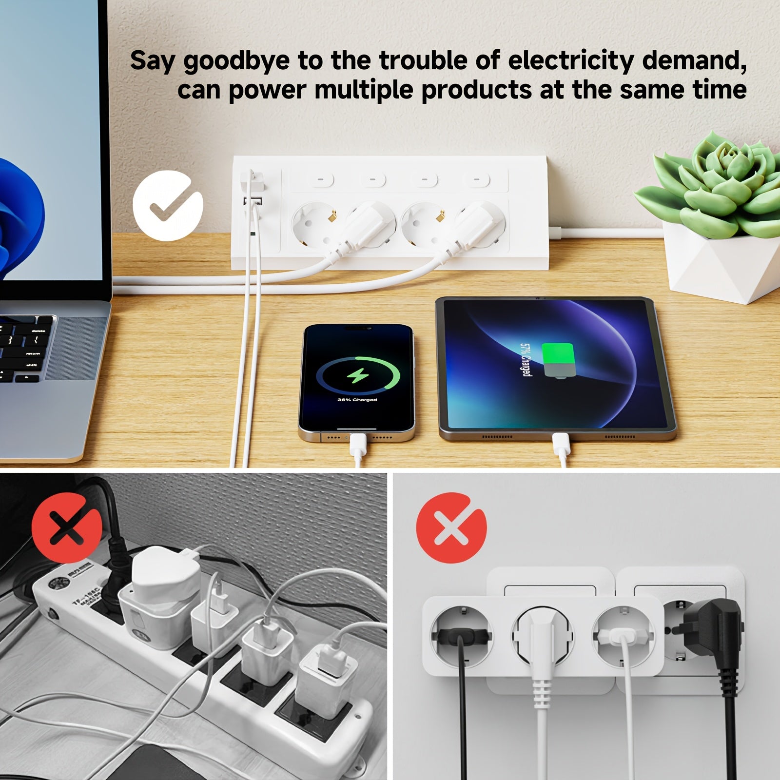 MultiPlug | 8-in-1 EU Stekkerdoos – 4 AC Stopcontacten, 2 USB-C Poorten, 1,5m Verlengsnoer