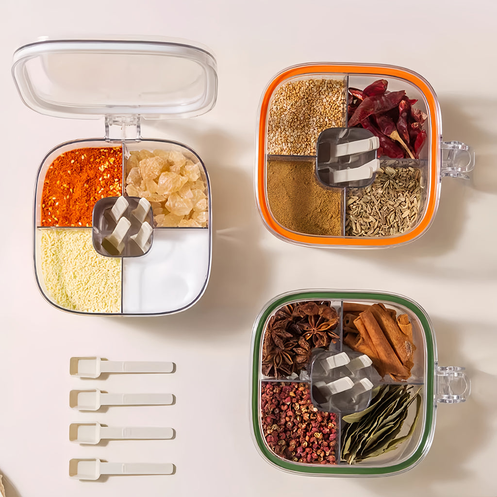 SpiceVault | 4-in-1 kruidenbox – luchtdichte klapdeksel, kruidenorganizer met meerdere compartimenten voor in de keuken