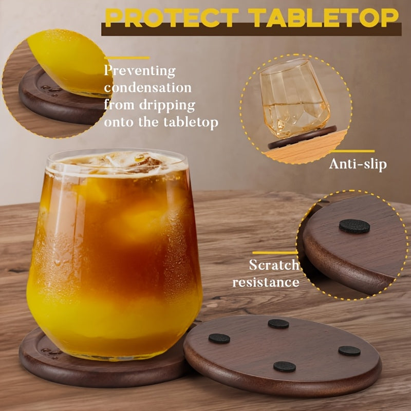 Coastique | 6 stuks ronde onderzetters van zwart walnotenhout met opbergbasis, massief houten geïsoleerde