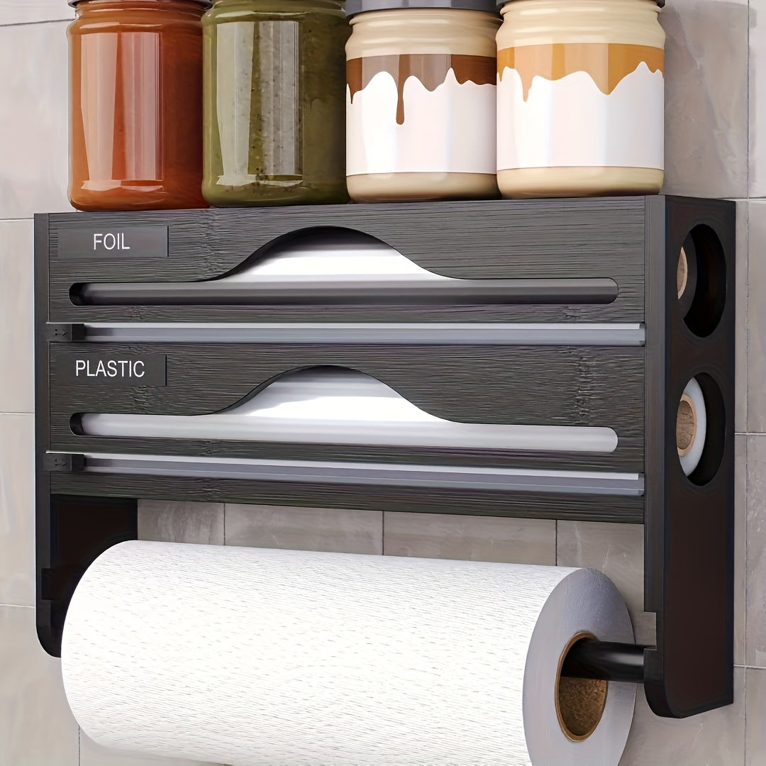 WrapRack | 3-delige bamboefoliedispenser - Keukenorganizer met keukenrolhouder, snijder en opbergrek -