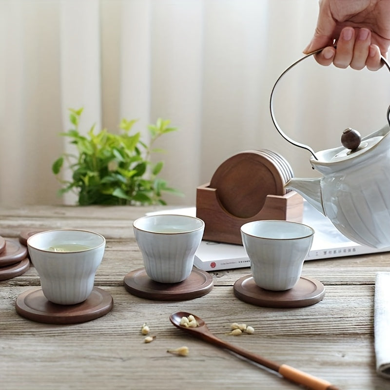 Coastique | 6 stuks ronde onderzetters van zwart walnotenhout met opbergbasis, massief houten geïsoleerde