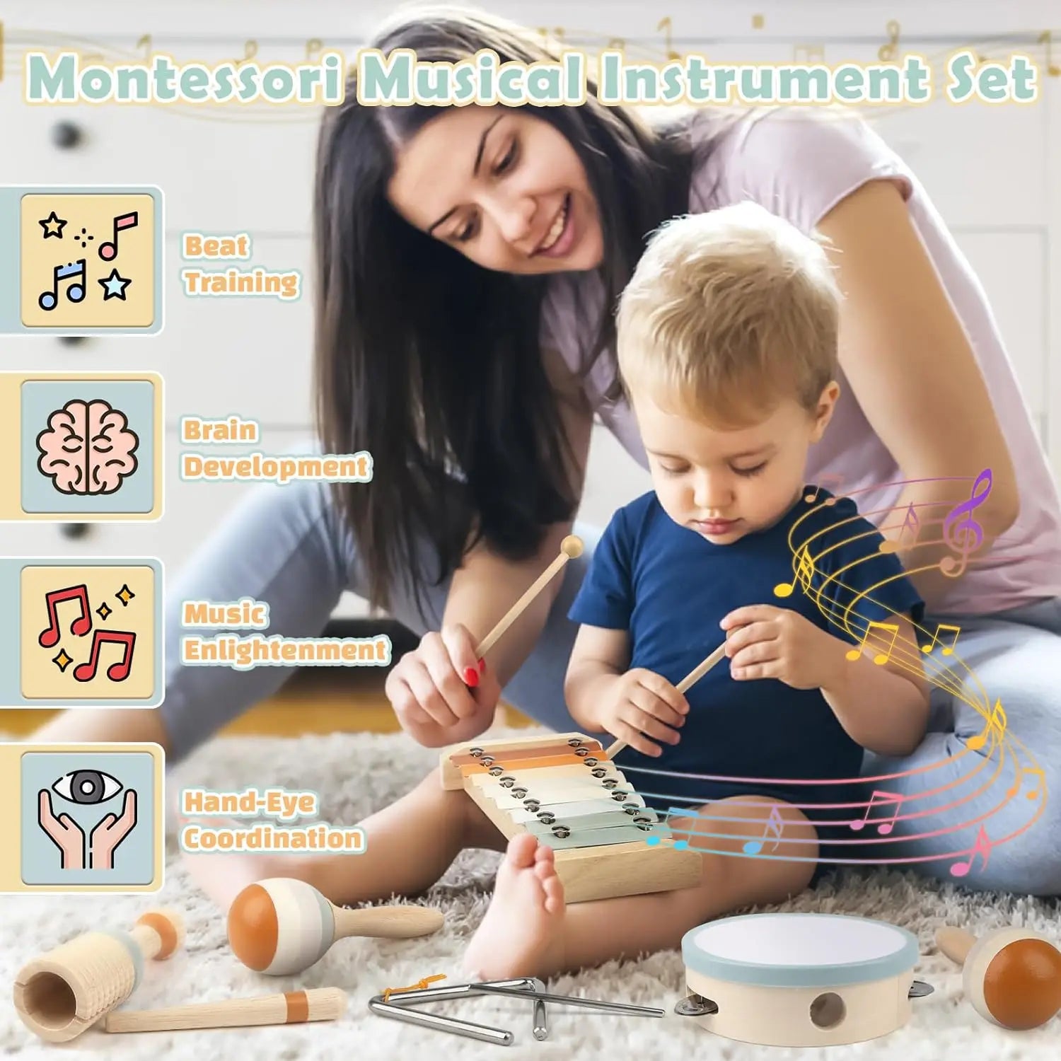 TinyTunes | Montessori houten muziekset voor kleuters - gestemde xylofoon, maracas en vroege leerinstrumenten