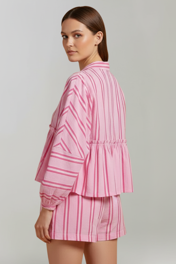 Virelia | Dames 2-delige set – top met lange mouwen en strik aan de voorkant & shorts met hoge taille
